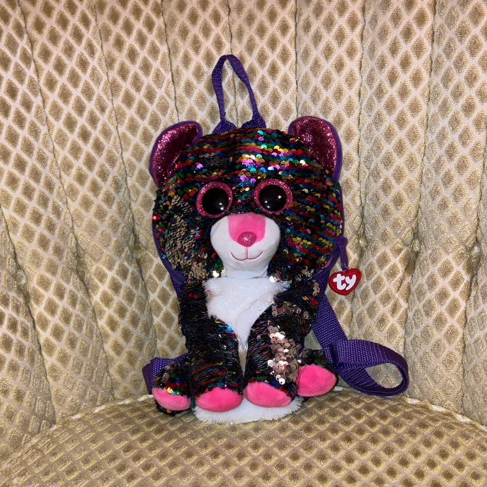 TY MULTICOLOR SEQUIN PLUSH CAT BACKPACK